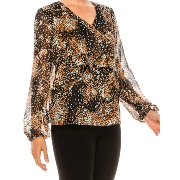 Zac & Rachel Navy Multicolor Polka Dot Long Sleeve  V Neck Blouse, Semi Sheer, L - Picture 12 of 15